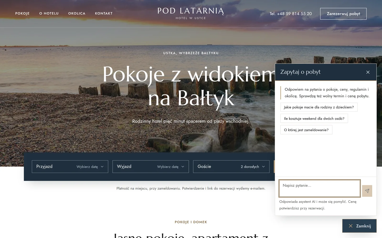 Okno asystenta „Zapytaj o pobyt” na stronie hotelu z przykładowymi pytaniami gościa.