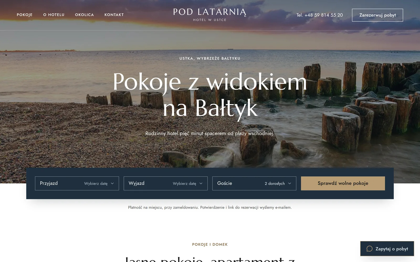 Strona demo hotelu „Pod Latarnią” w Ustce z wyszukiwarką wolnych pokoi.